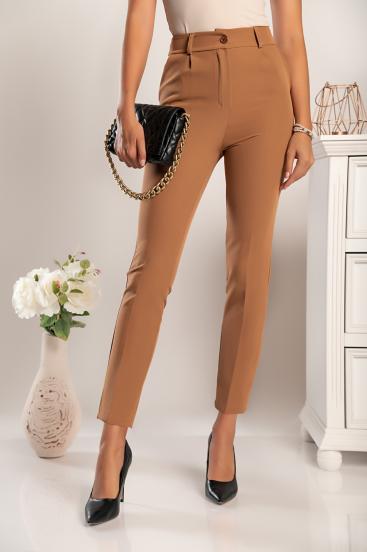 Eleganckie długie spodnie z wysokim stanem Amposta, kolor camel