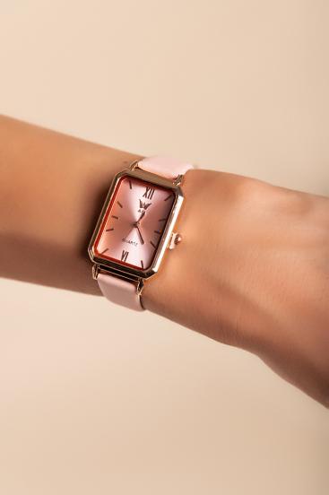 Elegancki zegarek z bransoletą ze sztucznej skóry w kolorze jasnoróżowym
