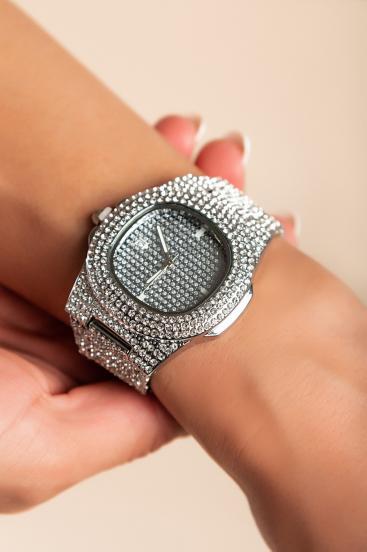 Elegancki zegarek z kryształkami, kolor srebrny